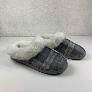 Comfort Code Plaid Brushed Knit Faux Fur Lined Slipper Size 9-10 Gray 7786